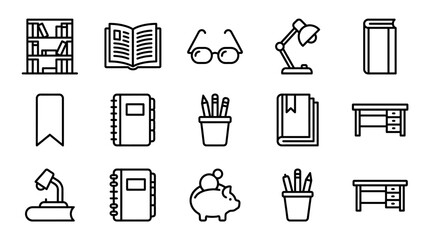 Education and Study Icons: Bookshelf, Lamp, Desk, Notebook, Piggy Bank, Glasses, Pencils © 300mas