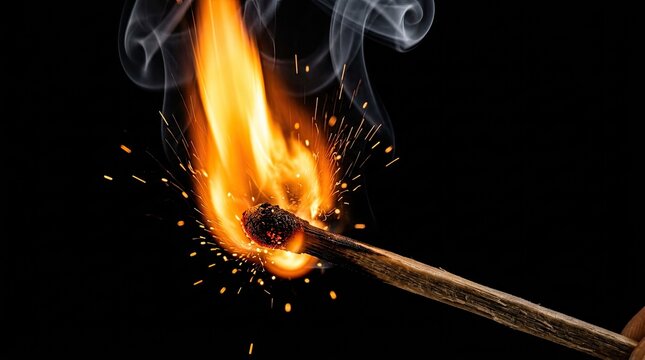 Burning matchstick with flame and sparks against black.