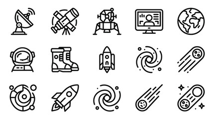 Space Exploration Icons: Rocket, Astronaut, Telescope, Earth, Galaxy, Satellite © 300mas