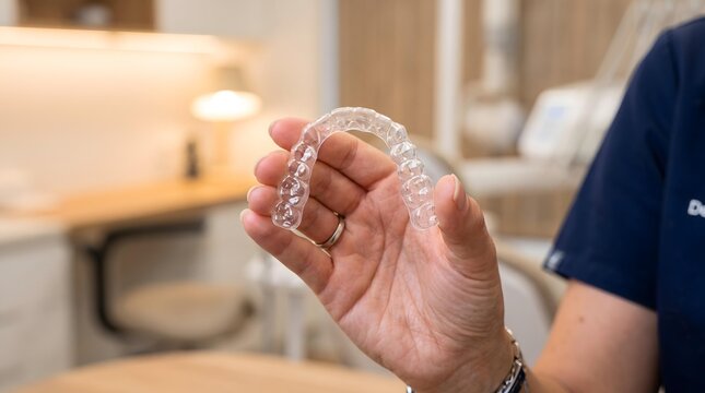 Dentist Holding a Clear Dental Aligner in a Modern Orthodontic Clinic