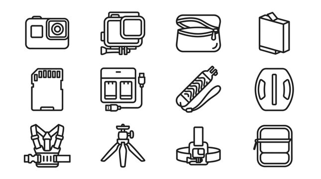 Action Camera Accessories Icon Set: Camera, Mounts, Charger, Case, SD Card, Tripod