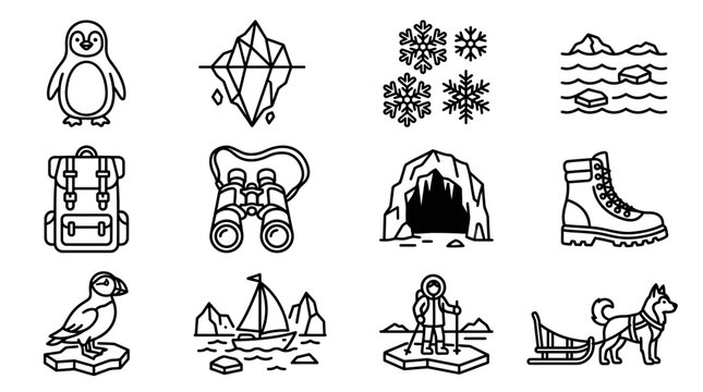 Arctic and Antarctic Icon Set: Penguin, Iceberg, Snowflakes, Puffin, Sled Dog, Kayak, Boots