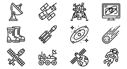 Space Exploration Icons: Rocket, Astronaut, Satellite, Rover, Moon Lander, Galaxy © Afganganteng