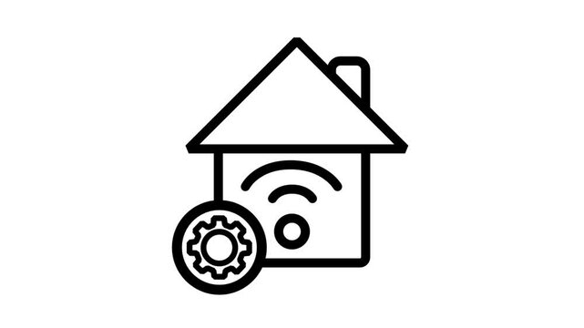 Smart Home Settings Animation. Animated line icon displaying a smart house with Wi-Fi signals and setting gear for home automation controls.