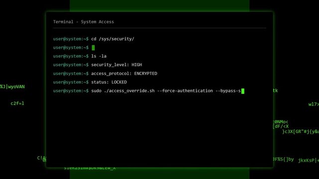 Hacking Terminal Command Line Screen Showing Cyber Security Override, System Access, and Data Breach Code Animation