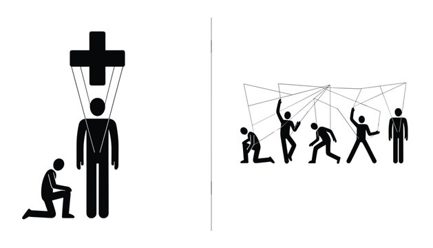 Conceptual vector illustration depicting different people being controlled like puppets with thin overhead strings.