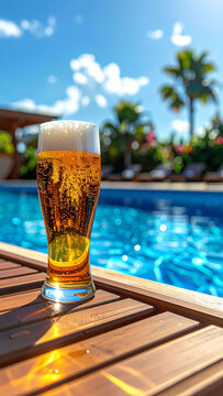 プールサイドに置かれた冷えたビールと泡立つグラス　夏の休暇やバカンスをイメージさせる青い空とリゾートホテルの背景　飲食店や広告バナーに使用できる清涼感のある飲み物素材