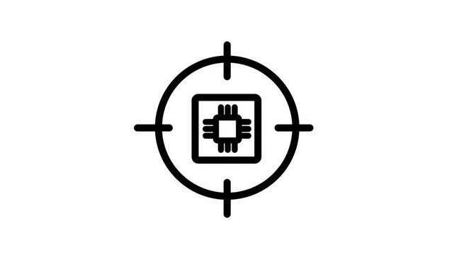 Microchip Target Icon Animation. Animated line icon of a microchip placed inside a crosshair target for technology and hardware processing concept.
