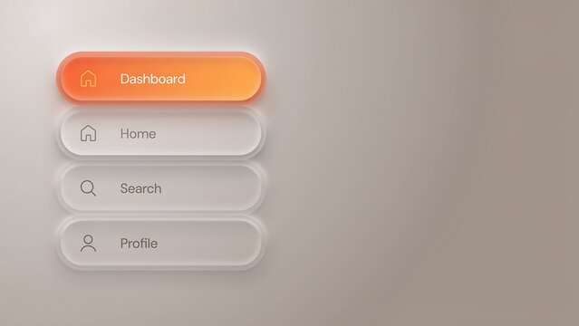 Minimalist digital interface design featuring stacked rounded buttons with icons and labels including dashboard home search and profile on soft neutral background for clean user experience.