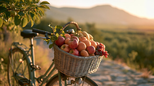 Bicycle with a wicker basket filled with colorful fresh fruit. Including apples. Oranges. Grapes. And bananas. Symbolizing healthy lifestyle and organic farming, copy space