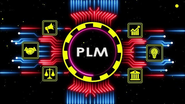 PLM product lifecycle management text with technology icons for business solution concept.
