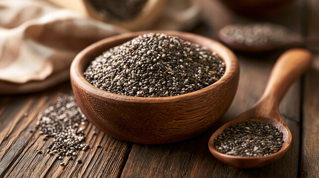 Chia seeds filling a rustic wooden bowl and spoon, highlighting healthy organic superfood rich in omega 3 for balanced nutrition and wellness