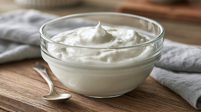 Glass bowl filled with creamy plain white yogurt on a rustic wooden table with a vintage spoon, portraying a fresh and healthy dairy breakfast or snack
