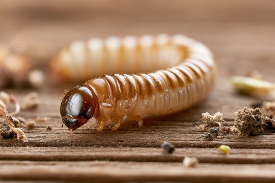 Naturalistic close-up of a darkling beetle larva on wood with soil particles