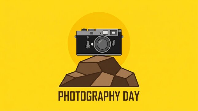Vintage camera resting on a stylized rock with Photography Day typography on a bright yellow vector background.