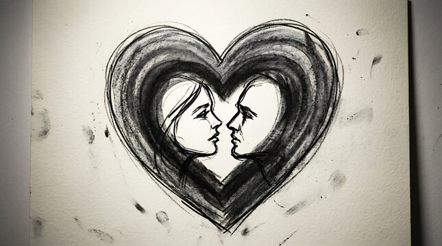 Charcoal sketch of a sad couple profile inside a heart shape, emotional illustration of love, heartbreak, grief, and relationship struggles.