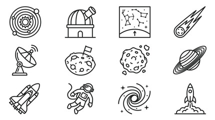 Space Exploration Icons: Planets, Rocket, Astronaut, Observatory, Comet, Galaxy © Anginbenjol