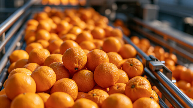 Fresh oranges are rapidly sorted and transported on a shiny stainless steel conveyor belt system within a busy food processing facility