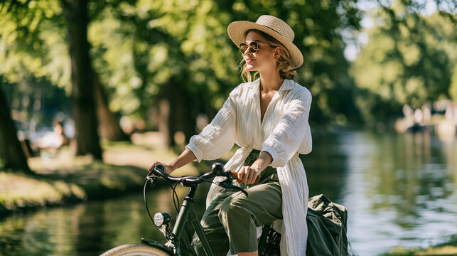 Woman enjoying a peaceful summer day, riding bicycle along a tranquil river in a green park, embracing leisure and freedom outdoors, wearing a straw hat and sunglasses