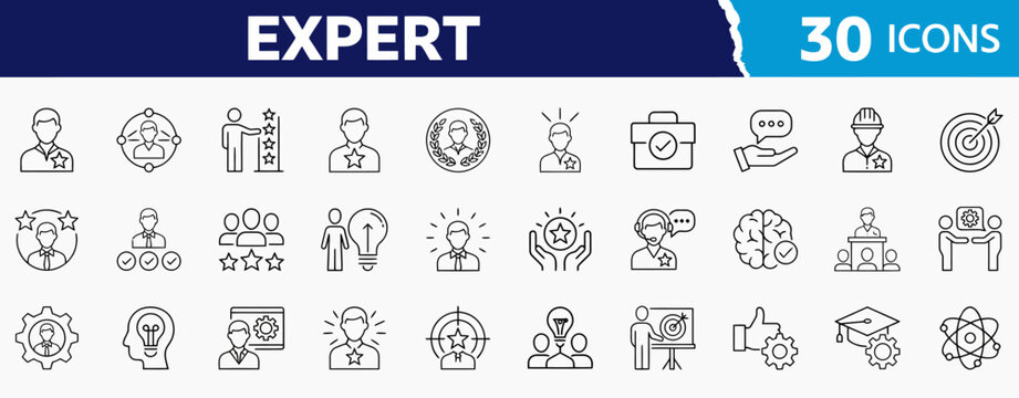 Expert and specialist line icons set showcasing professional skills leadership competency knowledge and career expertise.