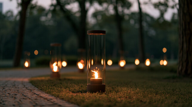 Warm glowing lanterns illuminating a peaceful park path at twilight, creating a serene atmosphere for an outdoor evening event or tranquil walk