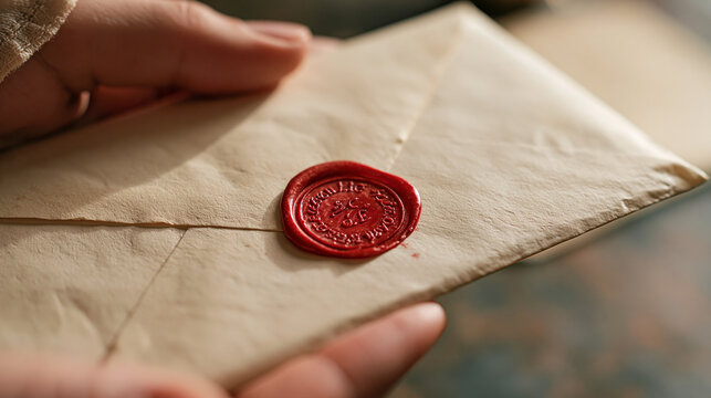 Hands holding an aged paper envelope sealed with a vibrant red wax stamp, representing traditional communication, historical documents, and preserving privacy