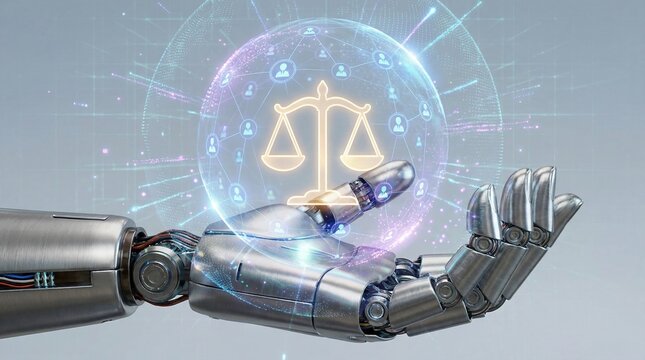 Employment labor law hr manager online legal services company digital concept with robotic hand and justice scale symbol