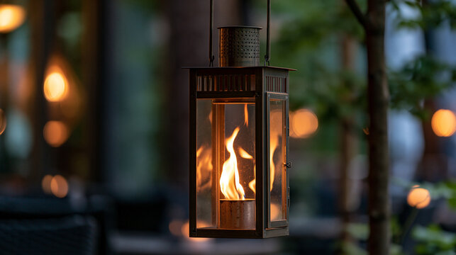 Hanging metal lantern illuminating outdoor evening atmosphere with warm flame and blurred bokeh lights, creating a cozy and inviting ambiance