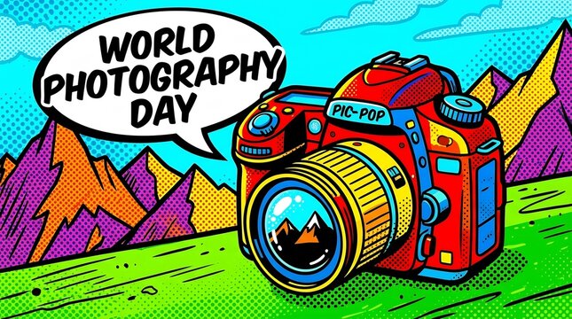 World Photography Day pop art banner featuring a colorful camera, mountains background, and speech bubble in vibrant comic book style.