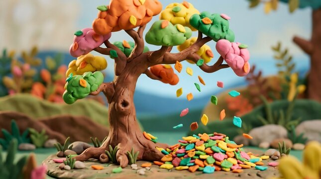 Playful plasticine clay tree shedding vibrant colorful autumn leaves into a pile, creative stop motion claymation landscape art.