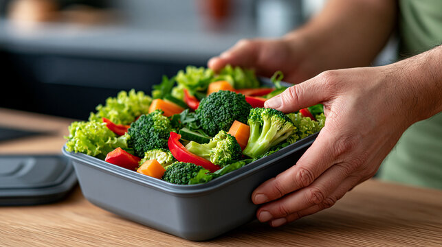 Man preparing a fresh vegetable salad in a lunchbox, demonstrating healthy eating habits and meal prepping for a balanced, nutritious diet at home