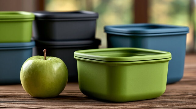 Green apple stands next to reusable food containers, highlighting concepts of healthy eating, sustainable meal preparation, and eco friendly kitchen organization