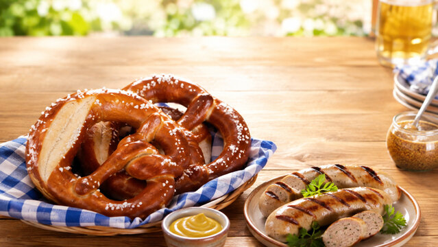 Fresh Bavarian salted pretzels with sausages on wooden table