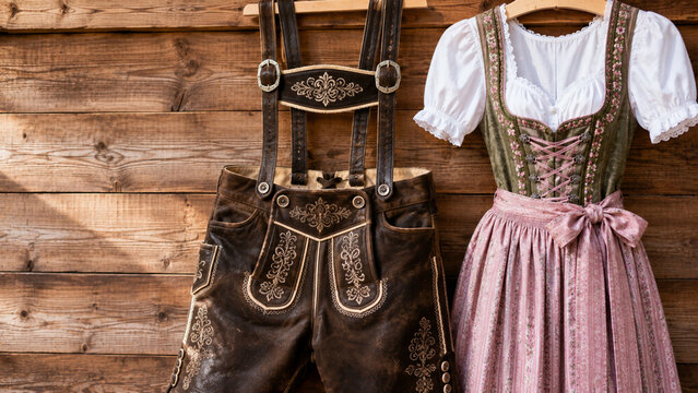 Authentic leather lederhosen and traditional dirndl outfit close up