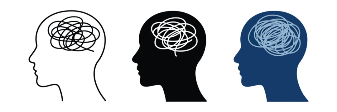 Mental health icon collection with anxiety, overthinking, confusion, emotional stress and psychological wellbeing concepts