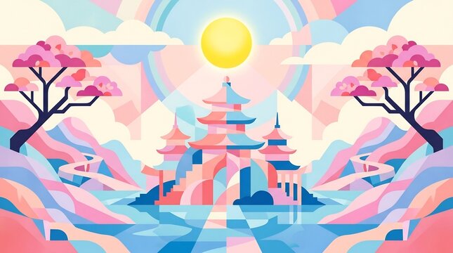 Geometric vector illustration of an East Asian pagoda landscape with cherry blossom trees and bright sun in pastel colors.