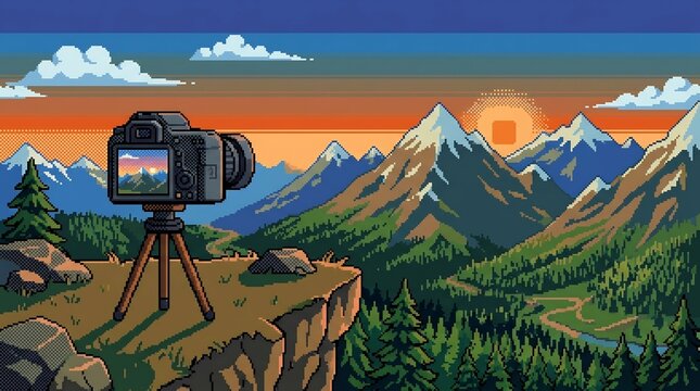 Pixel art camera on tripod capturing scenic sunset over mountain valley, celebrating World Photography Day and outdoor adventure.