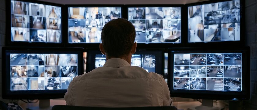 Security guard monitors multiple surveillance screens in control room