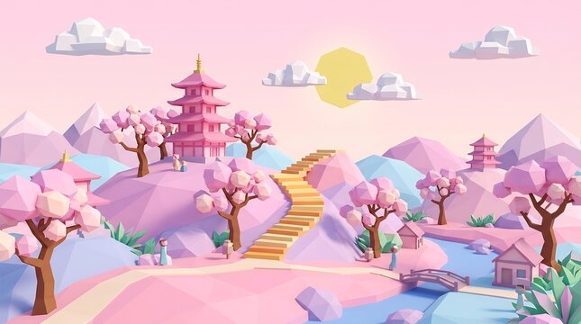 Low poly 3D Japanese landscape with pink pagodas, cherry blossom trees, pastel mountains, and golden stairs under a bright sun.