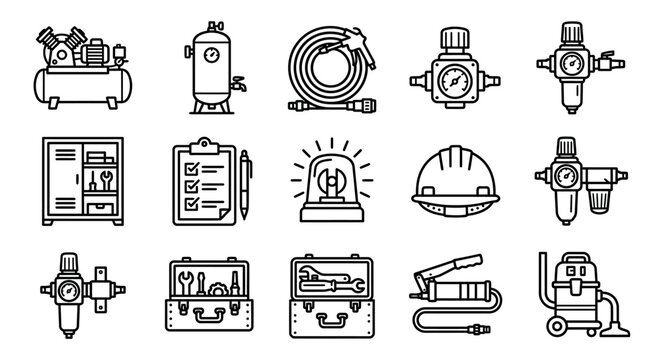 Industrial Equipment Icons: Air Compressor, Tools, Safety Gear, Vacuum