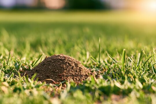 Outdoor scene featuring a fire ant mound amid fresh grass and space for copy