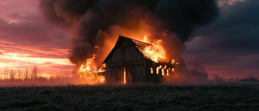 Wooden barn engulfed in flames at sunset with dramatic sky
