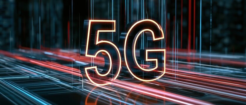 Glowing 5 g text with futuristic digital network lines and streaks of light