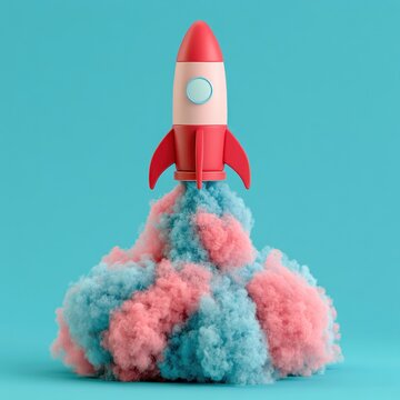 Retro toy rocket launching with pink and blue smoke clouds studio shot