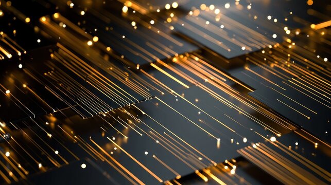 Abstract digital pattern of golden light streaks and bokeh on dark background