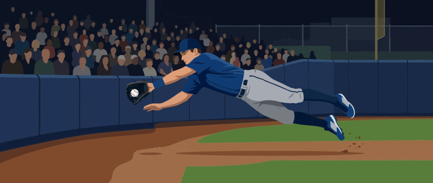 Baseball player diving for catch during night game, stadium crowd in background