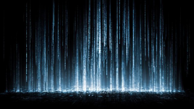 Digital matrix rain of blue binary code on black background with glowing base
