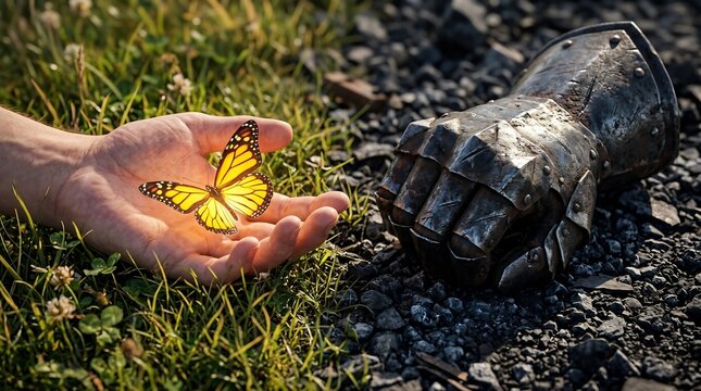 Human hand cradling a monarch butterfly next to a battle-worn metal knight gauntlet, symbolic contrast of peace and war, gentleness overcoming violence