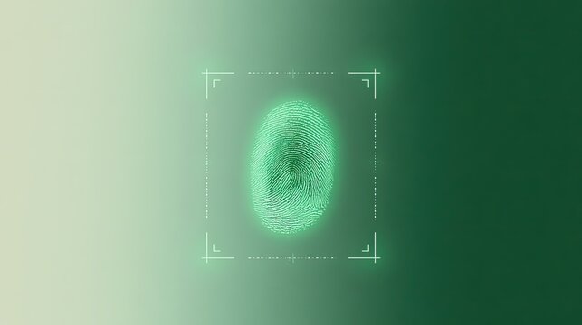 Glowing green fingerprint scan with digital targeting reticle on gradient background