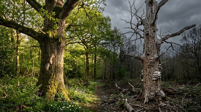 Nature contrast showing vibrant living green forest with squirrel versus dead decaying tree trunk under dark storm clouds, environmental life and death cycle, climate change.